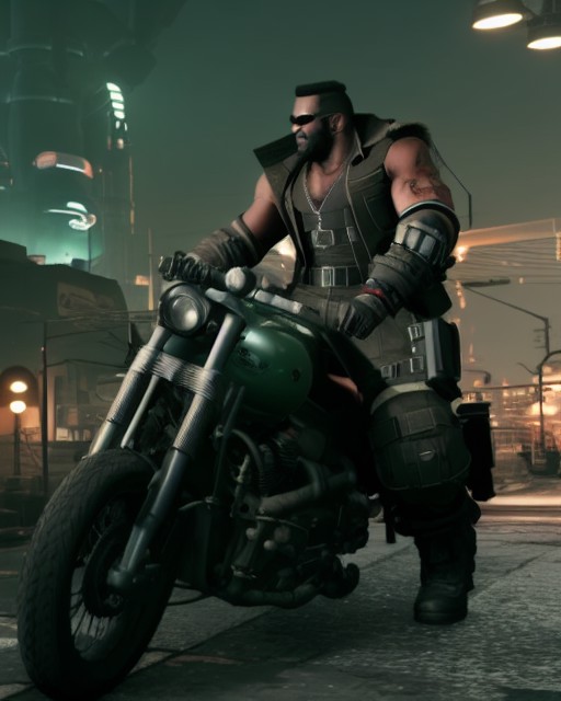 barret wallace on a motorcycle in a midgar city train station